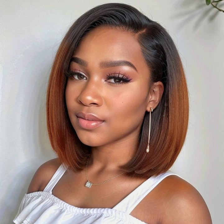 13x4 Frontal Perruque Bob lisse en Couleur Noir Marron 1B#4 en 100% Cheveux Humains