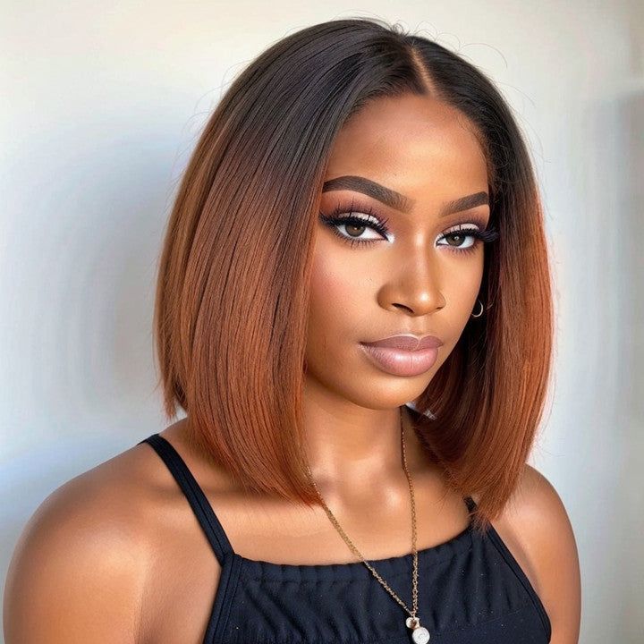 13x4 Frontal Perruque Bob lisse en Couleur Noir Marron 1B#4 en 100% Cheveux Humains