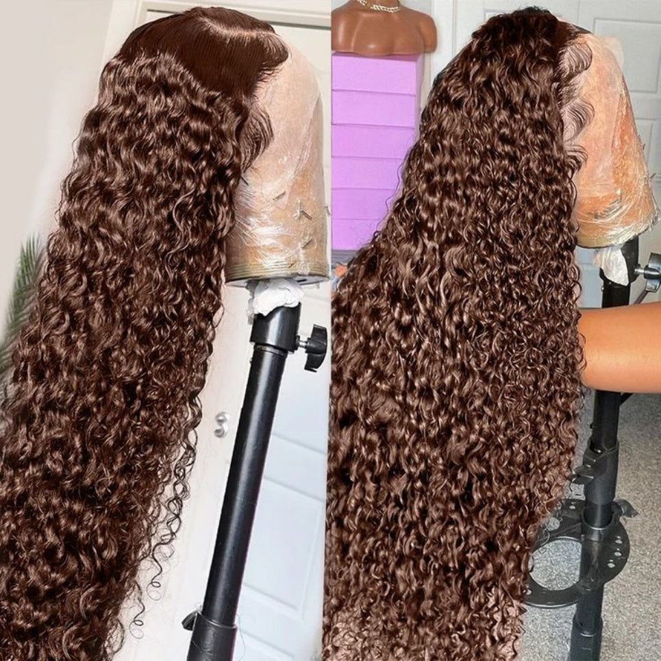 Fobelle Wig 13x4 Frontal Perruque Curly en Couleur Marron #4 en Cheveux Humains